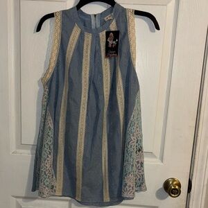 New POL Blue & Cream Sleeveless Top with Lace Accents-Embroidered detail.